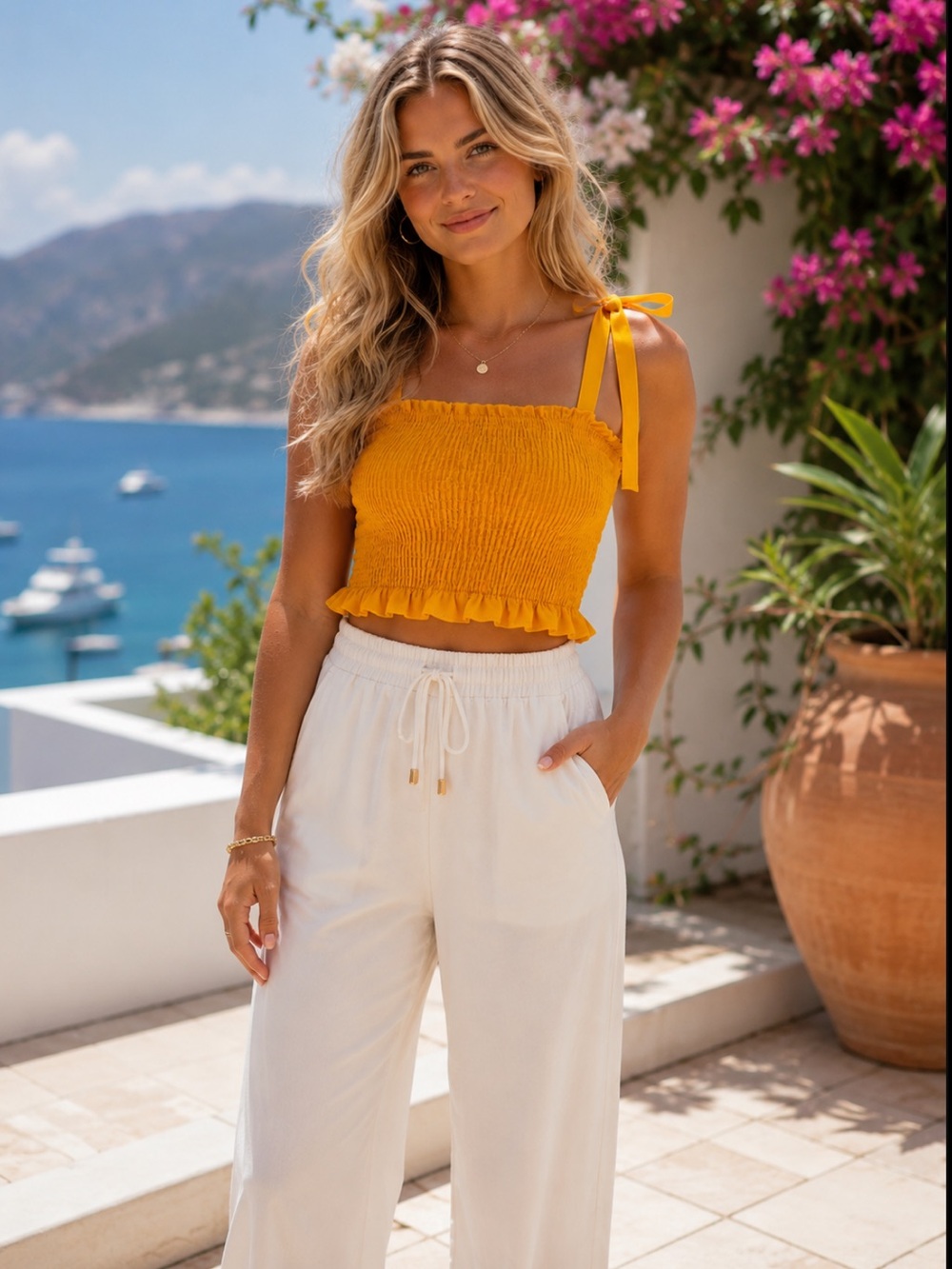 NWT Heatherly Women’s Smocked Cropped Tank Top‎ Vacation Resort Bright